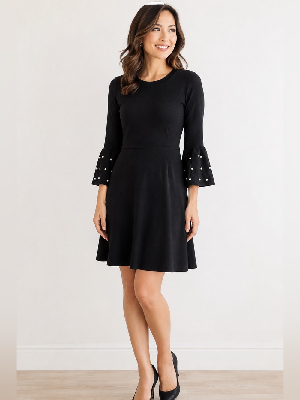 Jessica Howard knit Black pearl embellishments Bell Sleeve‎ Dress PS